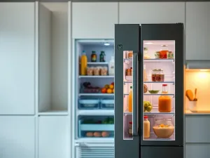 Elegancka inteligentna lodówka z ekranem i uporządkowaną żywnością w środku w nowoczesnej, jasnej kuchni.