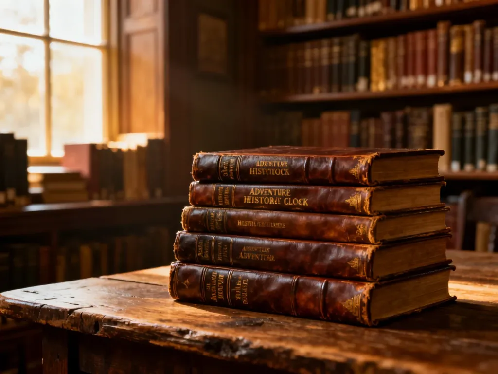 Stos zabytkowych, oprawionych w skórę książek przygodowych na drewnianym stole w przytulnej bibliotece.