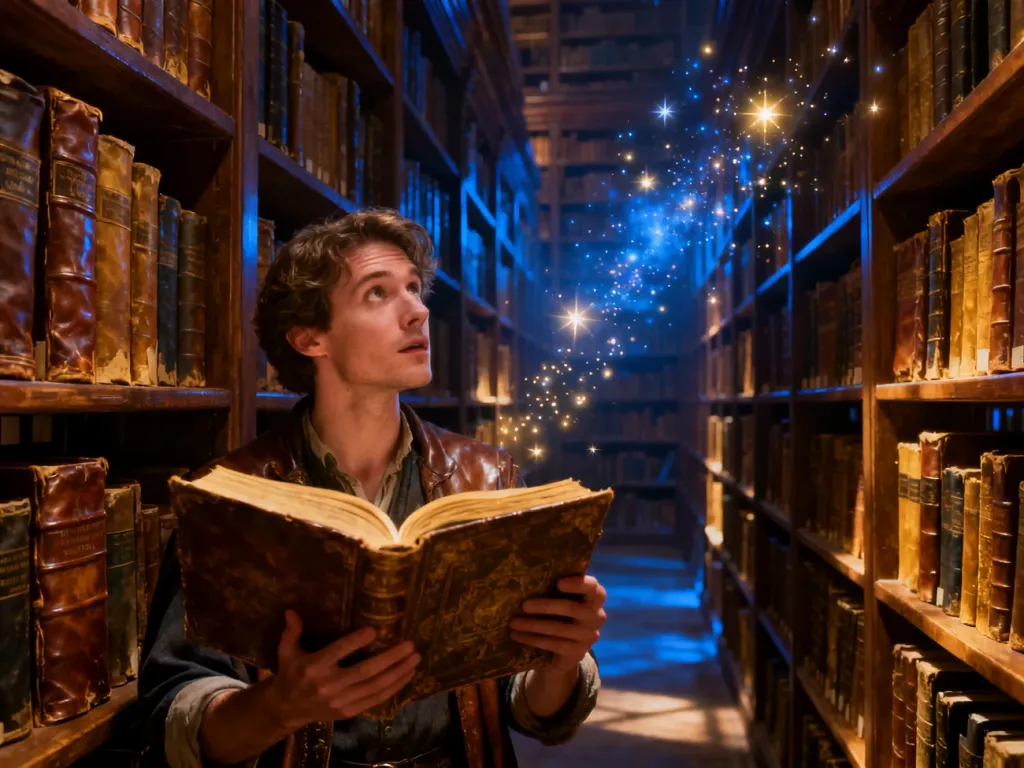 Mężczyzna przegląda starą księgę w magicznej, nieskończonej bibliotece, co oddaje klimat świata książek Terry’ego Pratchetta.