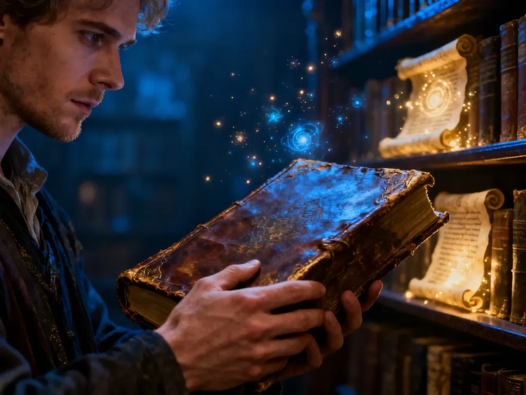 Mężczyzna trzymający starą, skórzaną księgę w klimatycznej bibliotece wypełnionej magicznymi zwojami.