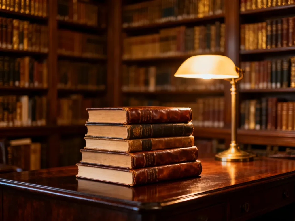 Elegancki stos książek w oprawie na drewnianym stole w domowej bibliotece, tworzący nastrojowy, literacki klimat.
