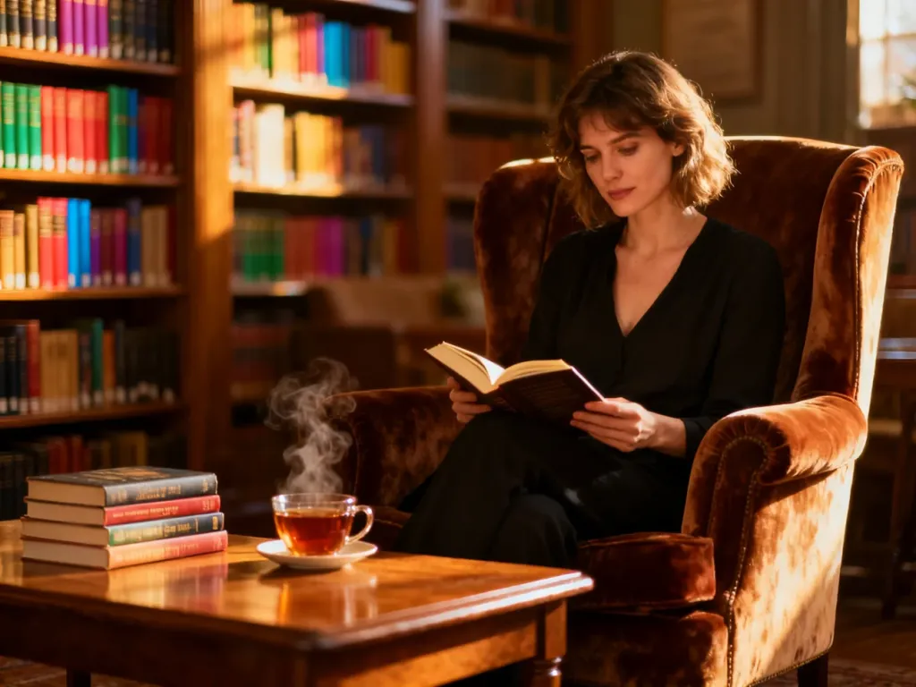 Kobieta czytająca książkę w przytulnej bibliotece z filiżanką herbaty na stoliku.