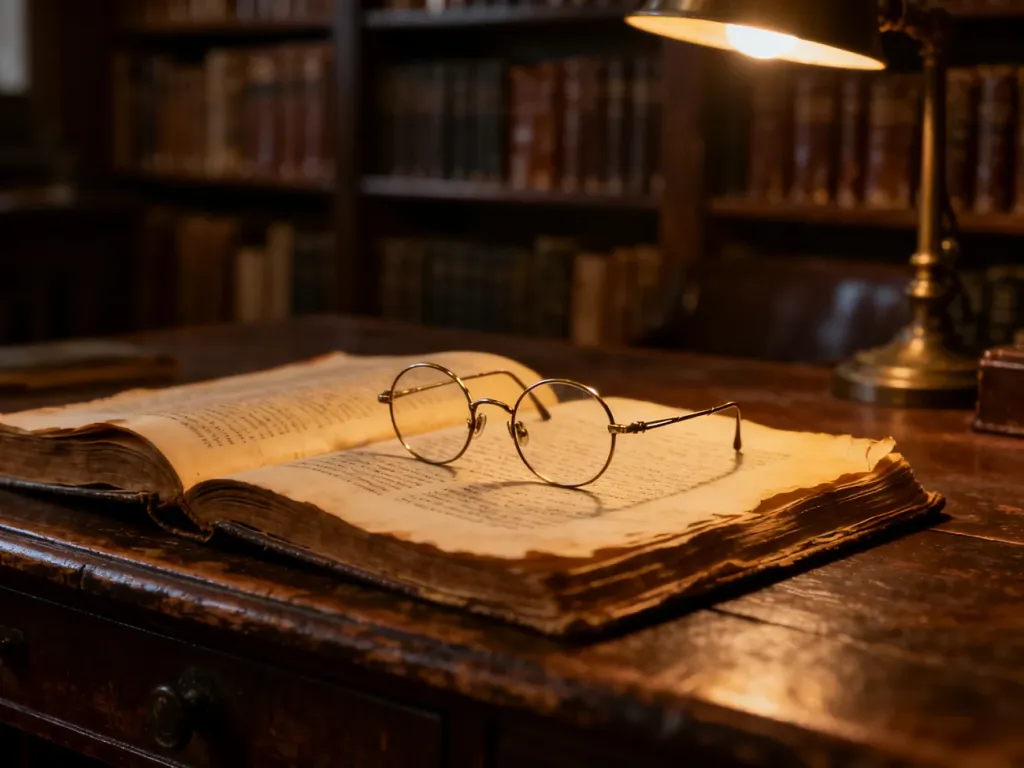 Otwarte antyczne książki i okulary na drewnianym biurku w klimacie biblioteki, nawiązujące do twórczości Krzysztofa Bochusa.